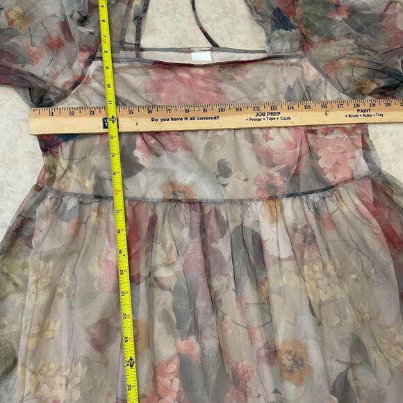 H&M  FLORAL MESH DRESS women’s size Medium Boho sq. Neck puff sleeves tiered - Picture 7 of 12